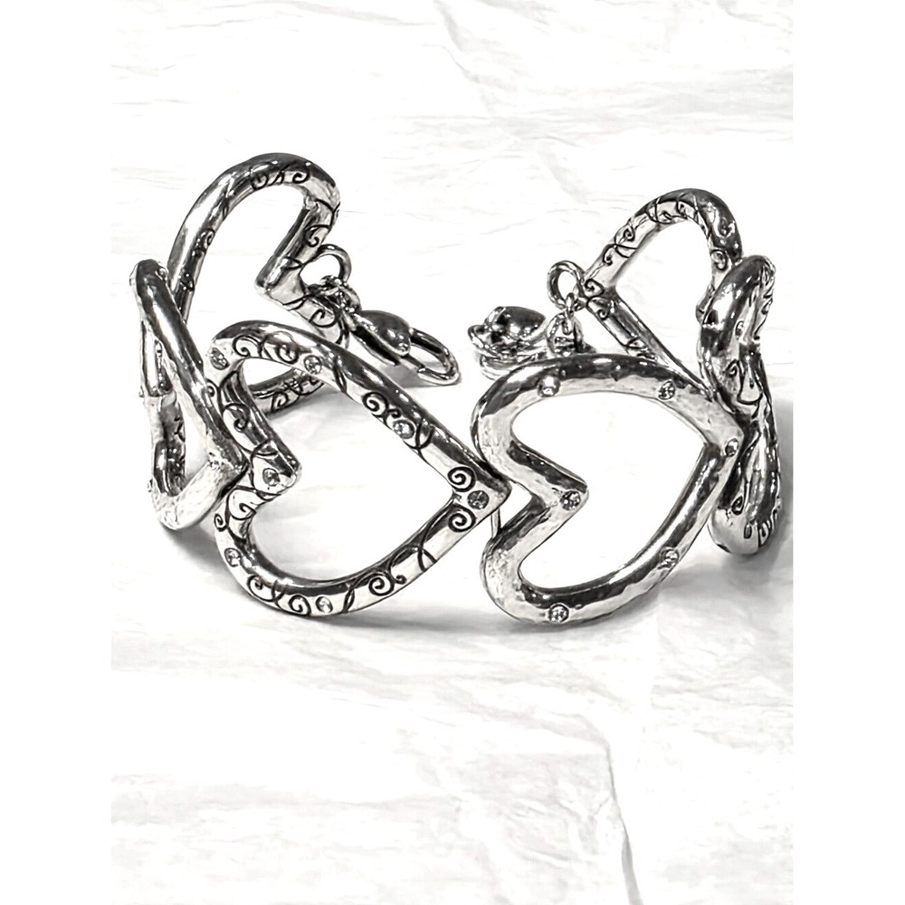 Brighton  "Whimsical Heart" Silver Scroll Heart Link Bracelet Crystal Accents‎